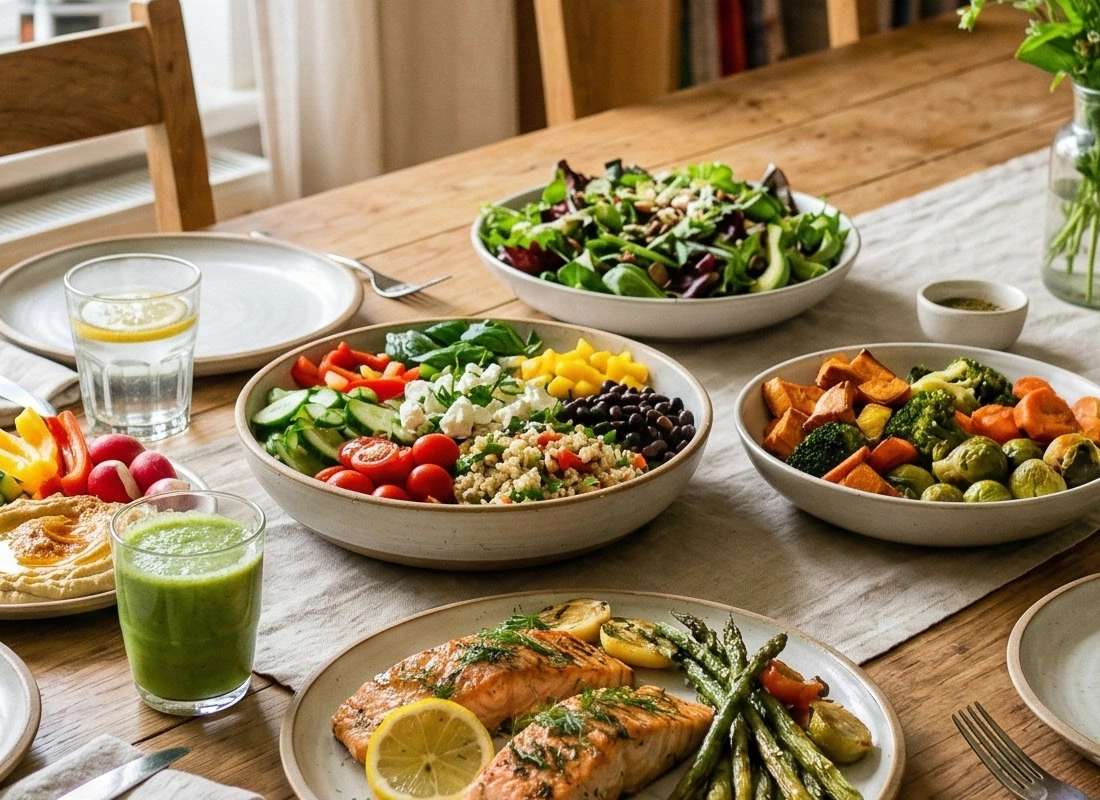 Dining table with healthy food and drinks