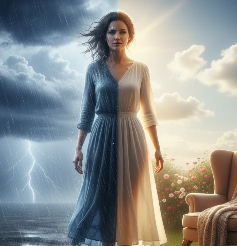 A woman stands with the sun shining and beautiful weather behind her on one side, and a storm and rain on the other.